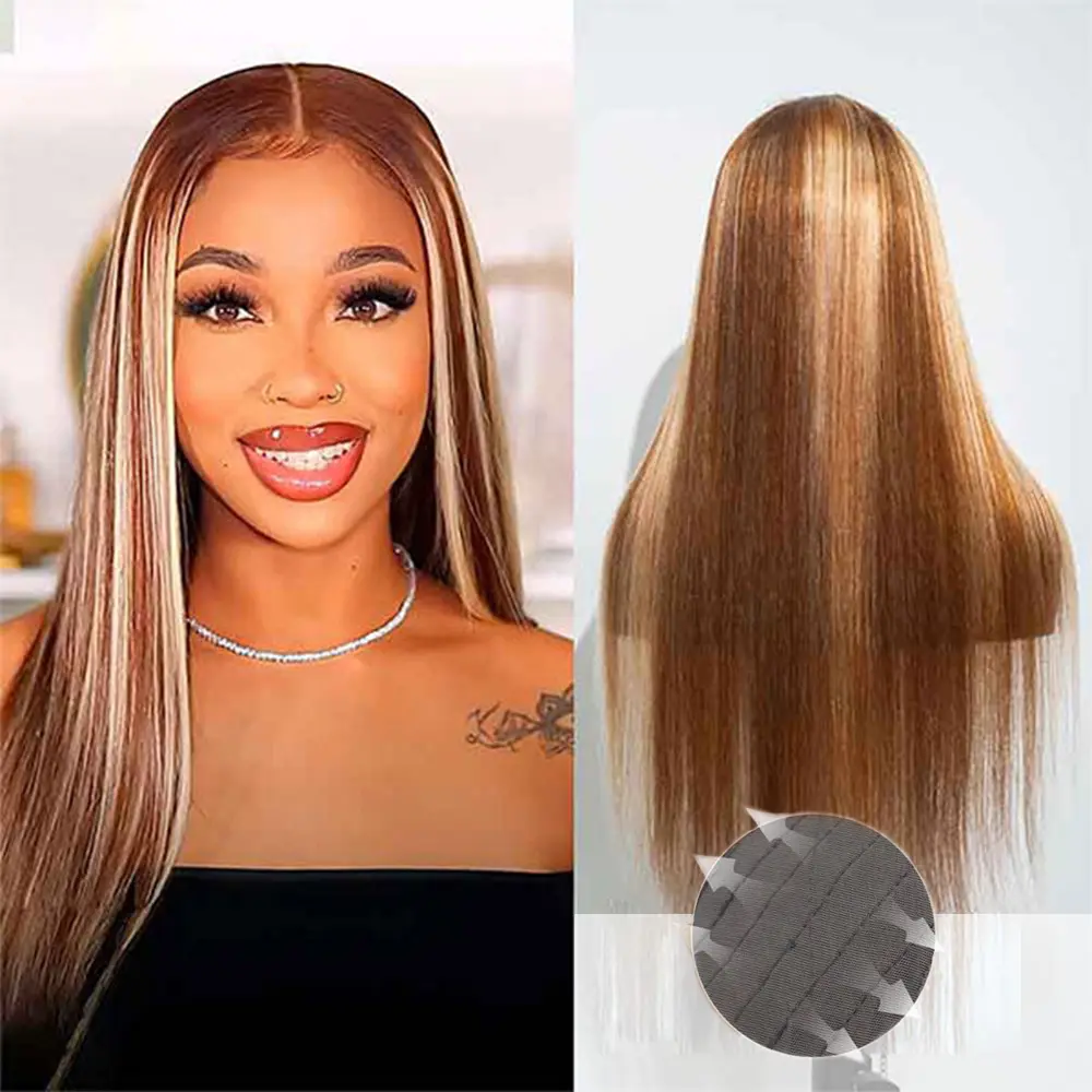 [4c Baby Hair] Blonde Highlight Straight Full 13x4 Transparent Frontal Lace Wigs Natural Hairline 180% Density Blonde Highlight Color Human Hair Wig