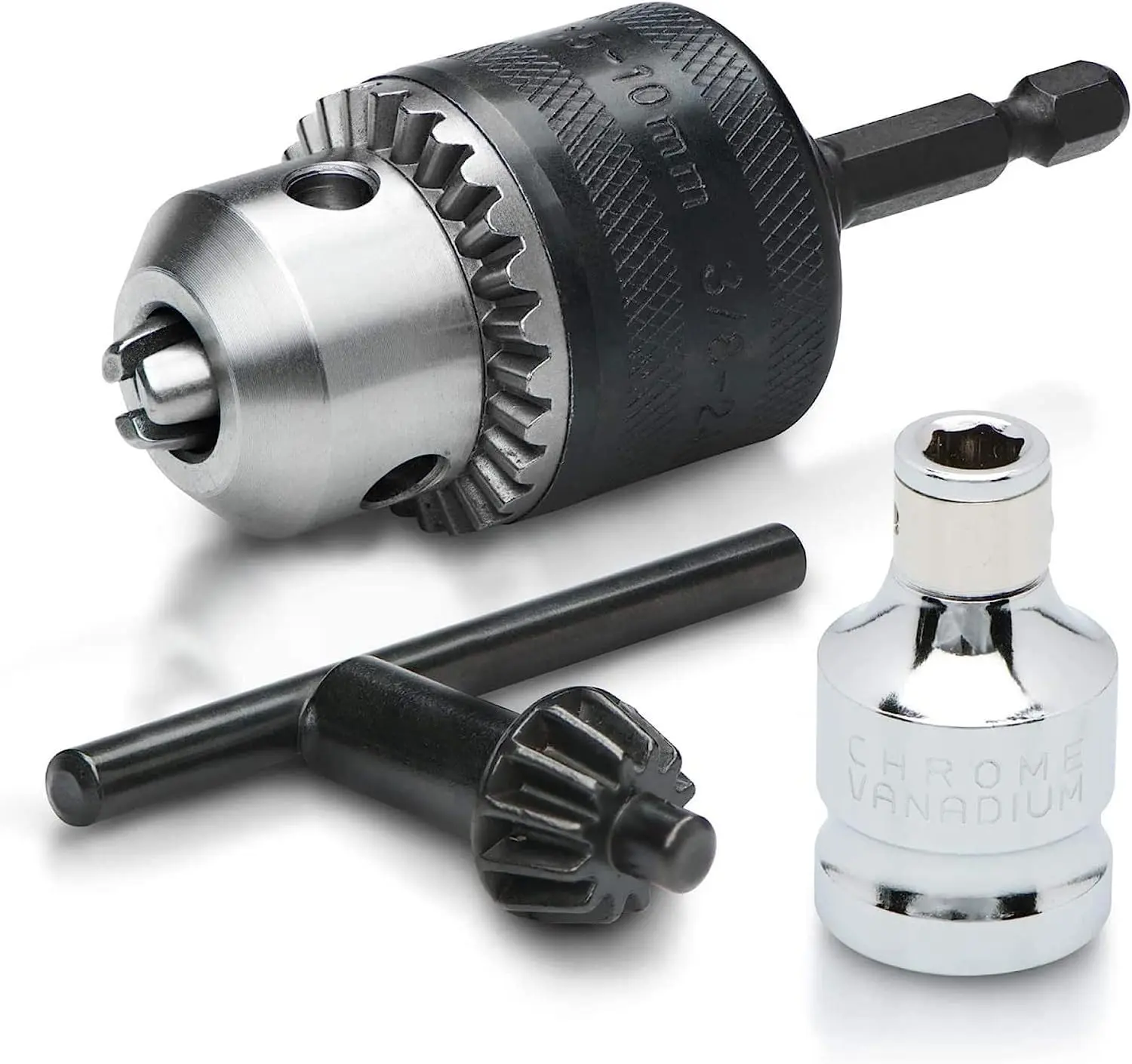 Cr-V Steel Drill Chuck Adapter (Model 20754A) - 3/8” Chuck + Key, 1/4” Hex Shank for Impact Drivers, 1/2” Gun Adapter, Heavy Duty for Mechanics, Tools for Mechanics, Bidirectional Spin, Mechanic, Light Drills