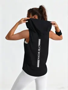 Hooded Tank Top, Gym Work Letter Print Design, Sleeveless Comfortable Breathable, Loose Fit Casual Wear for All Seasons, Athletic Workout Clothing, Workout Vest, Athletic Fashion Activewear, Fitness Exercise Wear, Gymswear