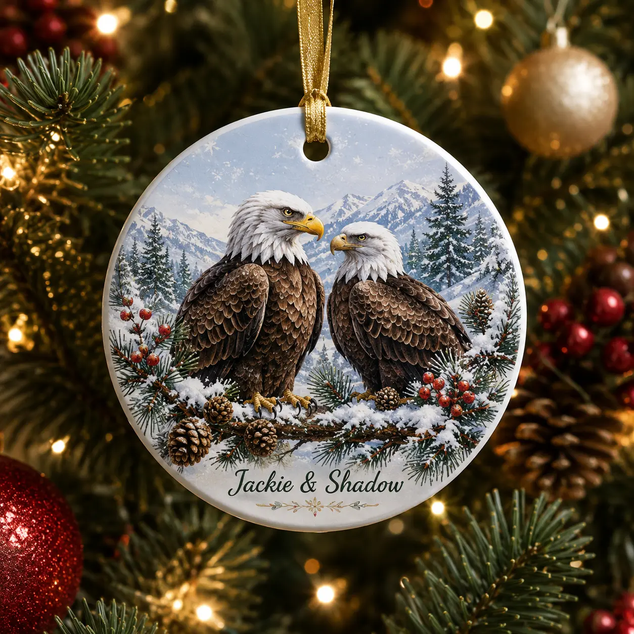 Jackie & Shadow Ceramic Christmas Ornament, Jackie Tribute Bald Eagle Keepsake, Winter Eagle Pair Holiday Tree Decoration