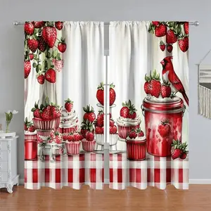 2Pcs Strawberry & Red Bird Print Curtain Panel, Window Drapes, Pole Pocket Style, Semi Sunshade Polyester Fiber, Suitable for Home Living Room, Bedroom, Balcony, Kitchen, Study and Shower Window Decoration, Accessory, Anti Privacy.