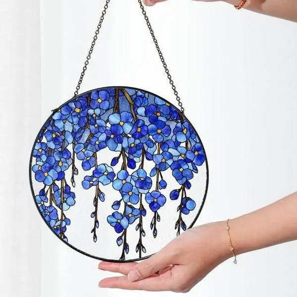 Forget Me Not Glass Suncatcher with Name– Sympathy Gift for Miscarriage Mom, Memorial Window Hanging Decor, Wildflowers Window Hanging, Colorful Wildflowers Garden Suncatcher, Floral Glass Art