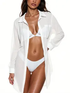 Women's Solid Color Shirt Beach Cover-Up, Swimsuit cover ups, Sexy Vacation Bikini Outerwear, Summer Beach Pool Play, Casual Long Sleeve Top