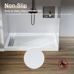 Garvee Non-Slip Rectangular Shower Pan 48x32x4 Inch with Left Drain, Fiberglass Base, 304 Stainless Steel Rectangular Drain Cover, Single Threshold, Waterproof on Three Sides, White, Ideal for Bathroom Remodel