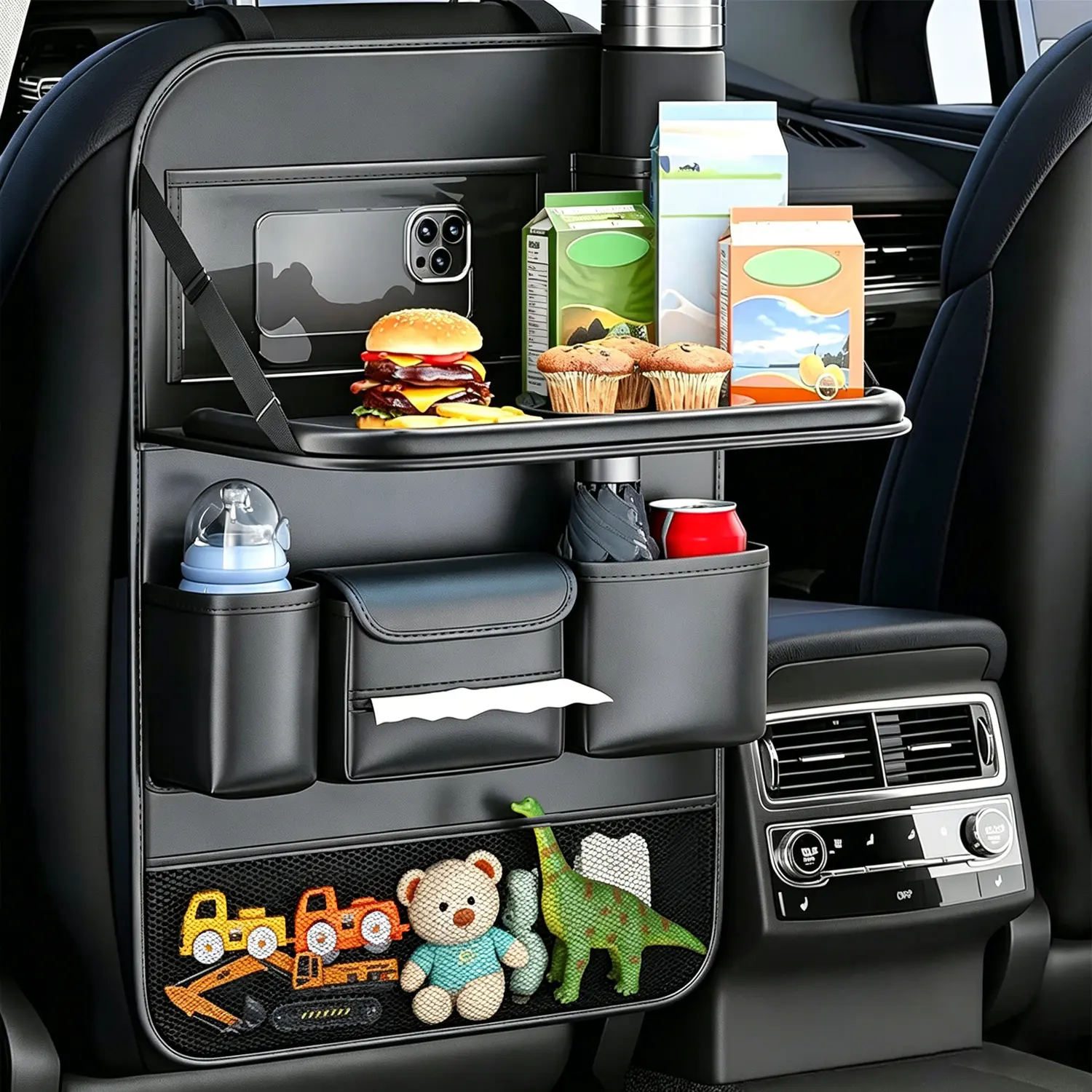 Large Car Backseat Organizer with Foldable Dining Tray, PU Leather Multi-Pocket Auto Storage Bag