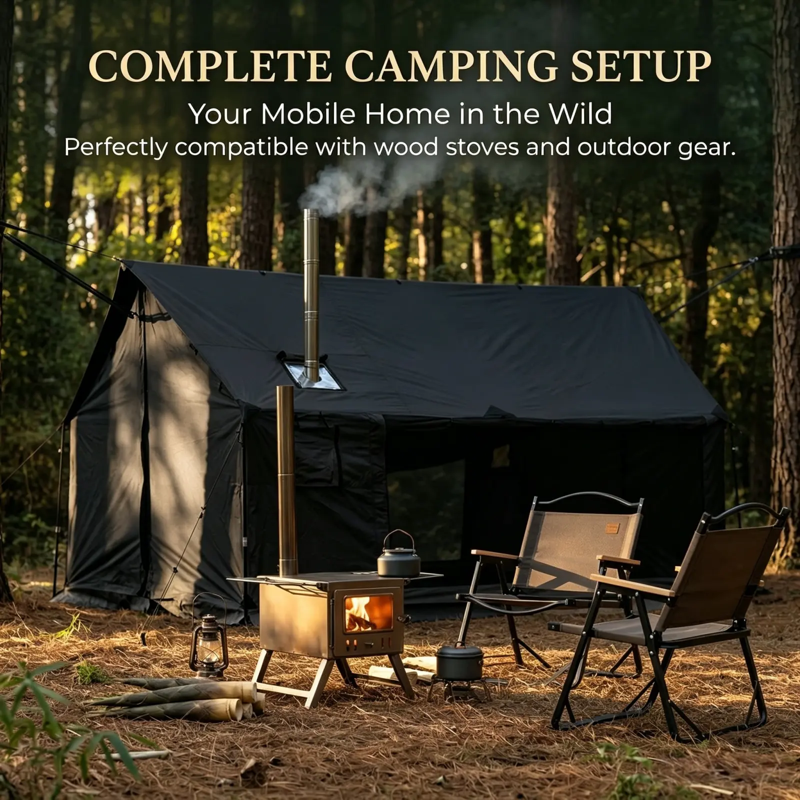 Dandelion Shell Hammock Hot Tent with Stove Jack and Double-Sided mesh Windows - Spacious, Versatile Wall Tent with Snow Skirt(No Poles)-Black Waterproof & Windproof, Ideal for Camping, Backpacking