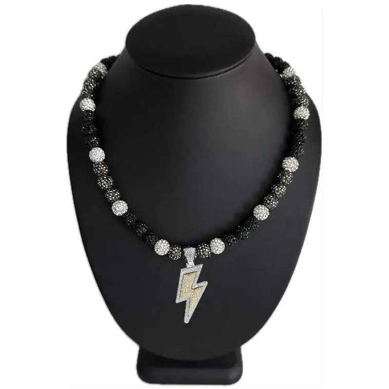 Iced Bling Disco Ball Rhinestone Crystal Bead Baseball Necklace Black Hematite Lightning