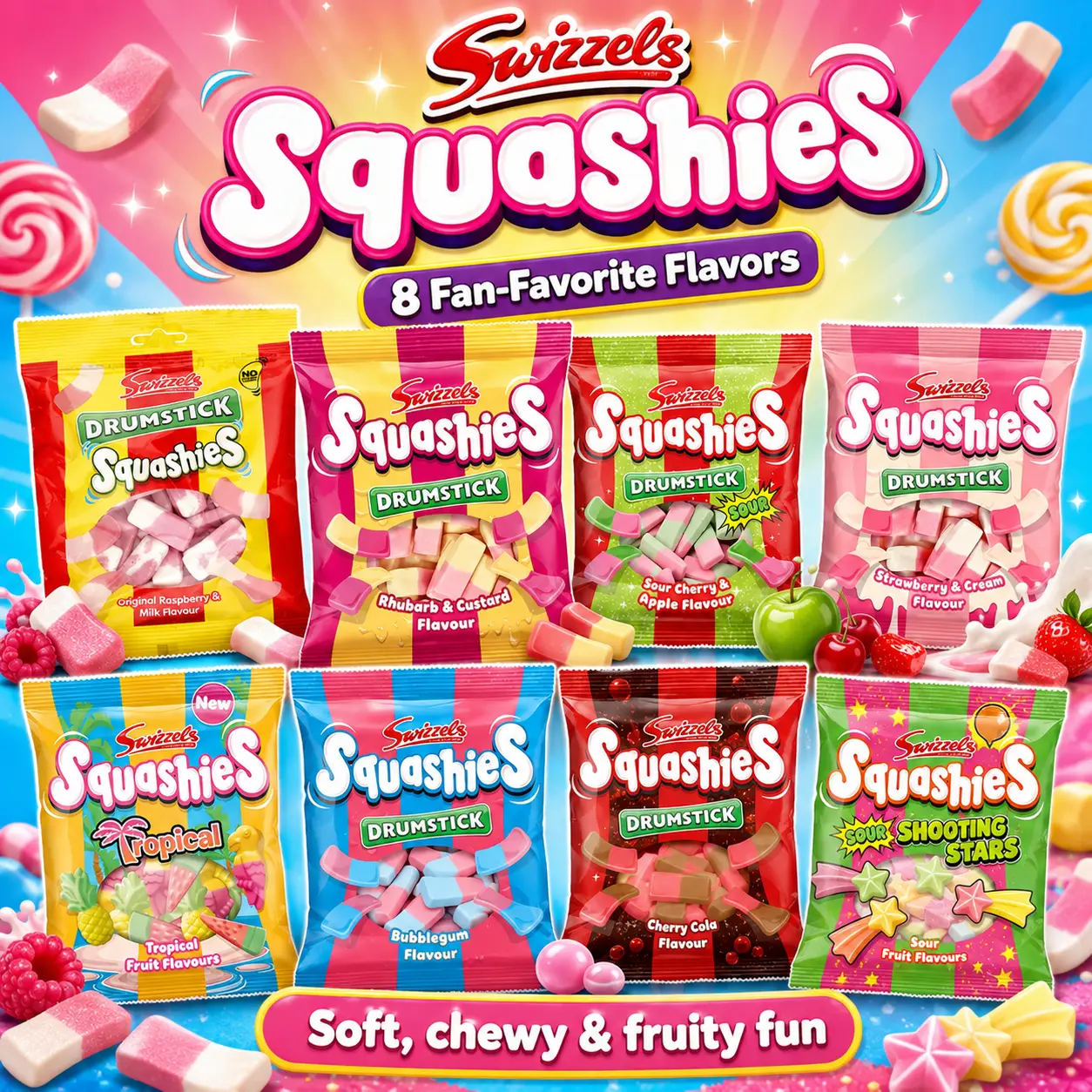 Swizzels Squashies Soft Chewy Marshmallow-Style Novelty Candy - UK Import, Unique Foamy Texture, Gummy-Marshmallow Cross, Sour Cherry Flavor, Party Snacks for Candy Lovers & All Ages