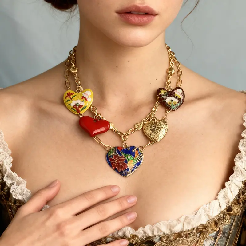 Long Layered Female Necklace with Heart Pendants - Bohemian & Classy, Ideal for Daily Wear, Parties, Professional Settings, Accessories for Women, Magnetic Earrings, Spicy Accessories, Funky Unique, Romantic, Whimsical Accessories. Boho Style Beaded