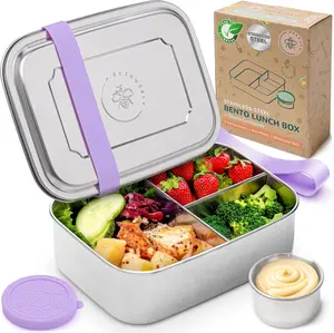 Everusely Stainless Steel Bento Box Lavender 37oz 1.1L 3 Compartment Leakproof Condiment Container for On the Go Meals Freezer Dishwasher Safe