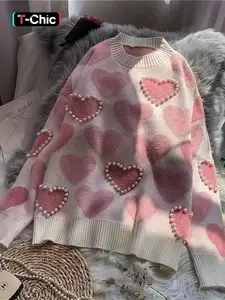 Women's Heart Beaded Sweater Knitwear, Loose Fit Soft Knit Pullover, Elegant Round Neck Jumper for Fall & Winter, Unique Design Casual Wear