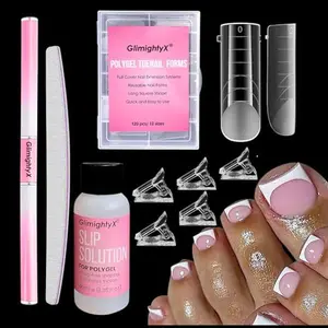 Polygel Nail Forms Kit for Toes,GlimightyX Reusable Toenails Dual Forms for Polygel with 1.35oz Nail Slip Solution Anti-Stick,with Dual-Ended Brush,Nail File and Nail Clips,12 Sizes 120Pcs