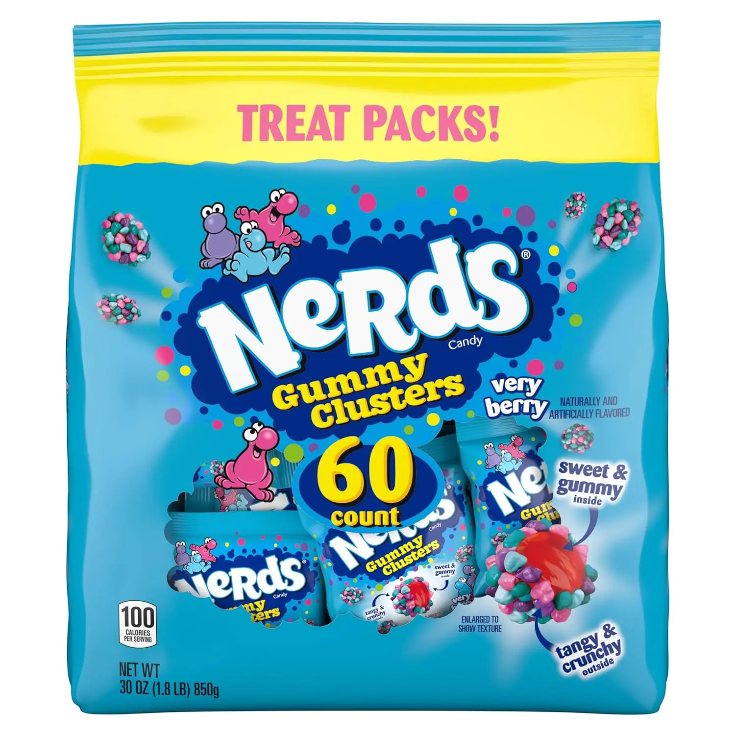Gummy Clusters Candy, Very Berry, Crunchy and Gummy, Individually Wrapped Treat Size Packs, 60 Count, 30 oz Snack Sweet Bite