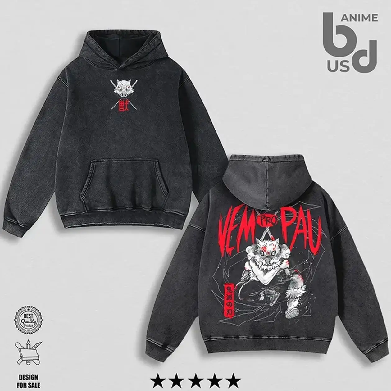 Inosuke Demon Slayer Hoodie Wash – Oversize Unisex Cotton, Double Printed Cool Style, Retro 90s Graphic Tee, Streetwear, Menswear, Gift For Anime Fan IYC 6A1