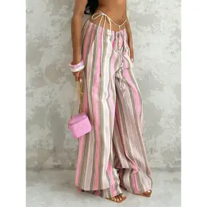 Women's Bohemian Striped Wide Leg Fit Pants with Elastic Drawstring and Side Pockets, Perfect for Beach Vacations and Summer Casual Wear