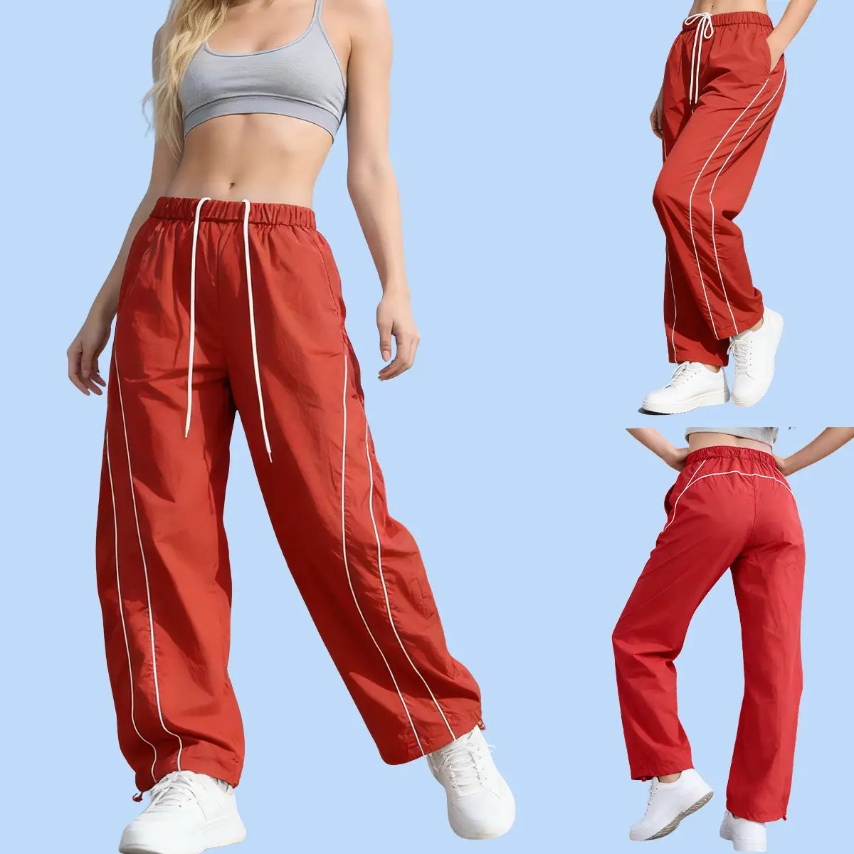 Mundoven Women's Baggy Wide Leg Track Pants, Lightweight Breathable Woven Bottom with Drawstring Waist for Hiking & Casual Wear, Lady, Nylon, Fabric