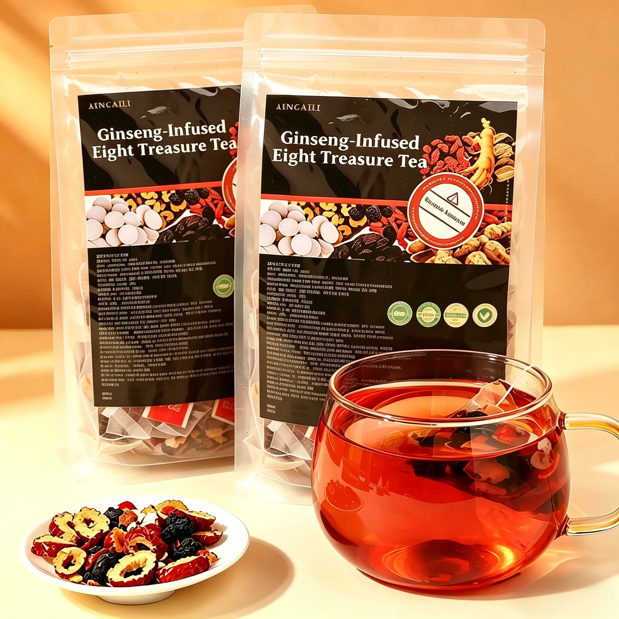 Traditional Chinese Nourishing Ginseng Botanical Tea Blend - 300g, 60 Portable Tea Bags, Authentic 8-Treasures Chinese Herbal Blend, Low Fat Drinks with Maca, Mulberry, Wolfberry, Jujube, Barley, Yam for Vitality, Beverage