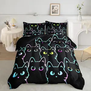 Kids Bedding Cartoon Cat Comforter Set Twin Size, Gradient Line Cute Cat Bedding Set for Teens Boys Girls Adults Room Decor, All Season Kids Comforter Set, 1 Comforter 2 Pillow Cases, Black