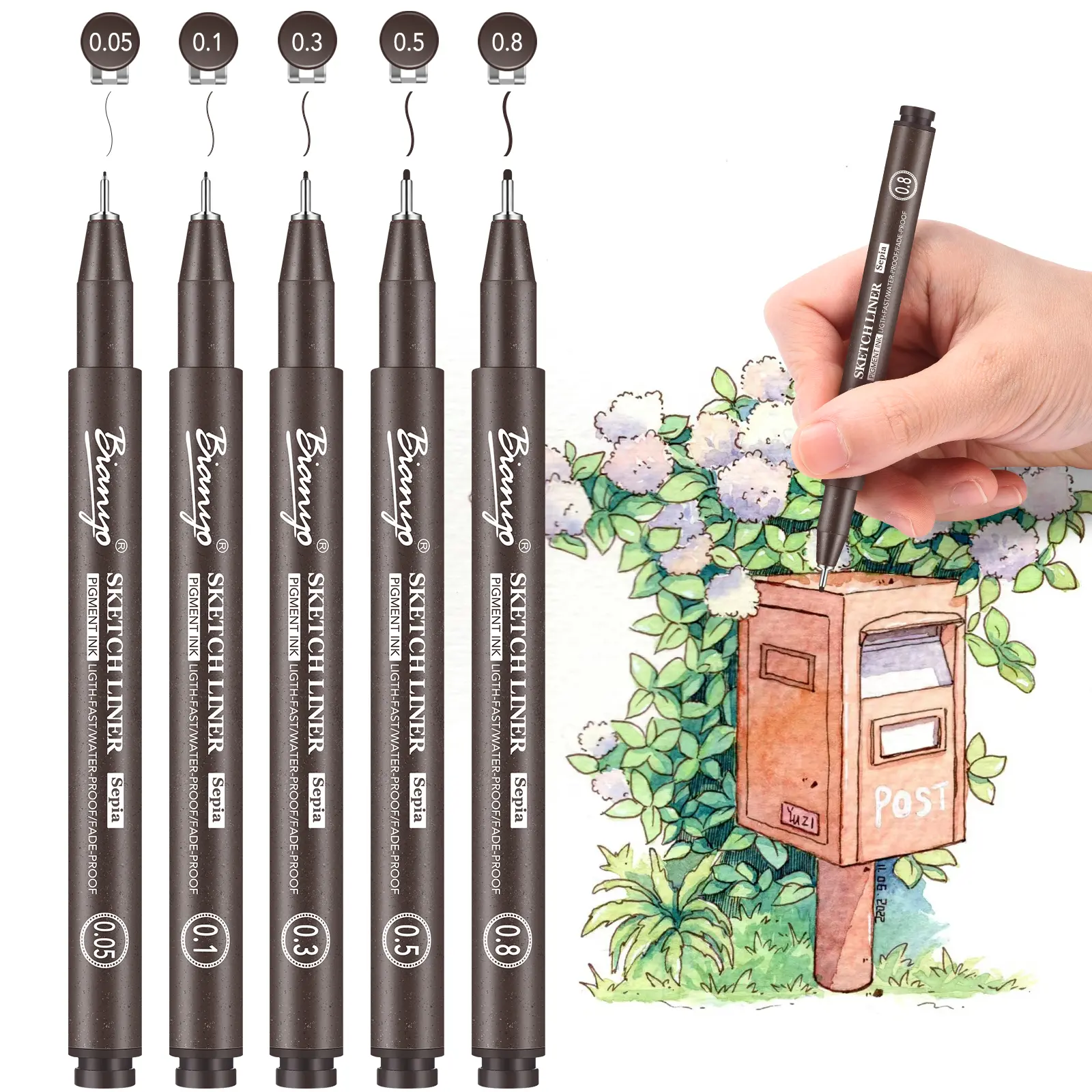 Bianyo Sepia  Pen Set | 5 Sizes, Water-Resistant Archival Pigment Ink | Precision Drawing & Sketching Kit