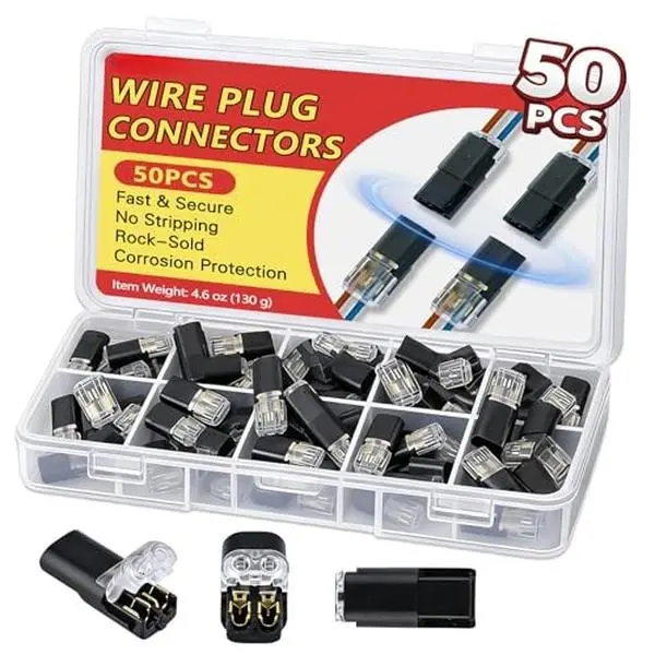 50Pcs Quick Connect Wire Connectors – No Stripping Double Wire Plug in Connector with Locking Buckle, Flame Retardant Lock Strip Connector for LED Strip Lights, DIY, Low-Voltage & Model Kit, 2pin