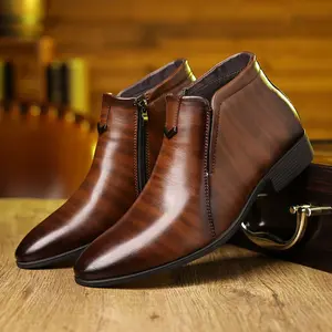MIOEERT Men's Boots - Pointed Toe Ankle Booties, PU Upper Slip-On with Side Zipper Closure, All-Season Formal & Casual Shoes, Non-Slip Rubber Sole for Office, Parties, Casual Attire - Brown Boots