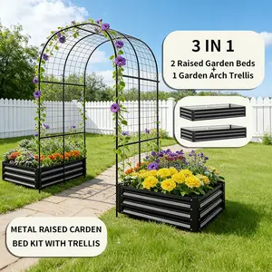 Garden Arch Complete Growing Kit - Double Pack Galvanized Steel Rust-Resistant Rectangular Raised Garden Beds (70.9×35.4×11.8in) + Arched Trellis Plant Support (86.6×47.2in) for Climbing Plants, Elevated Planting Boxes