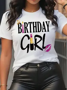 Trendy Vintage Style Womens Birthday Girl Letter Print Round Neck Short Sleeve Casual Tee for Summer Daily Wear