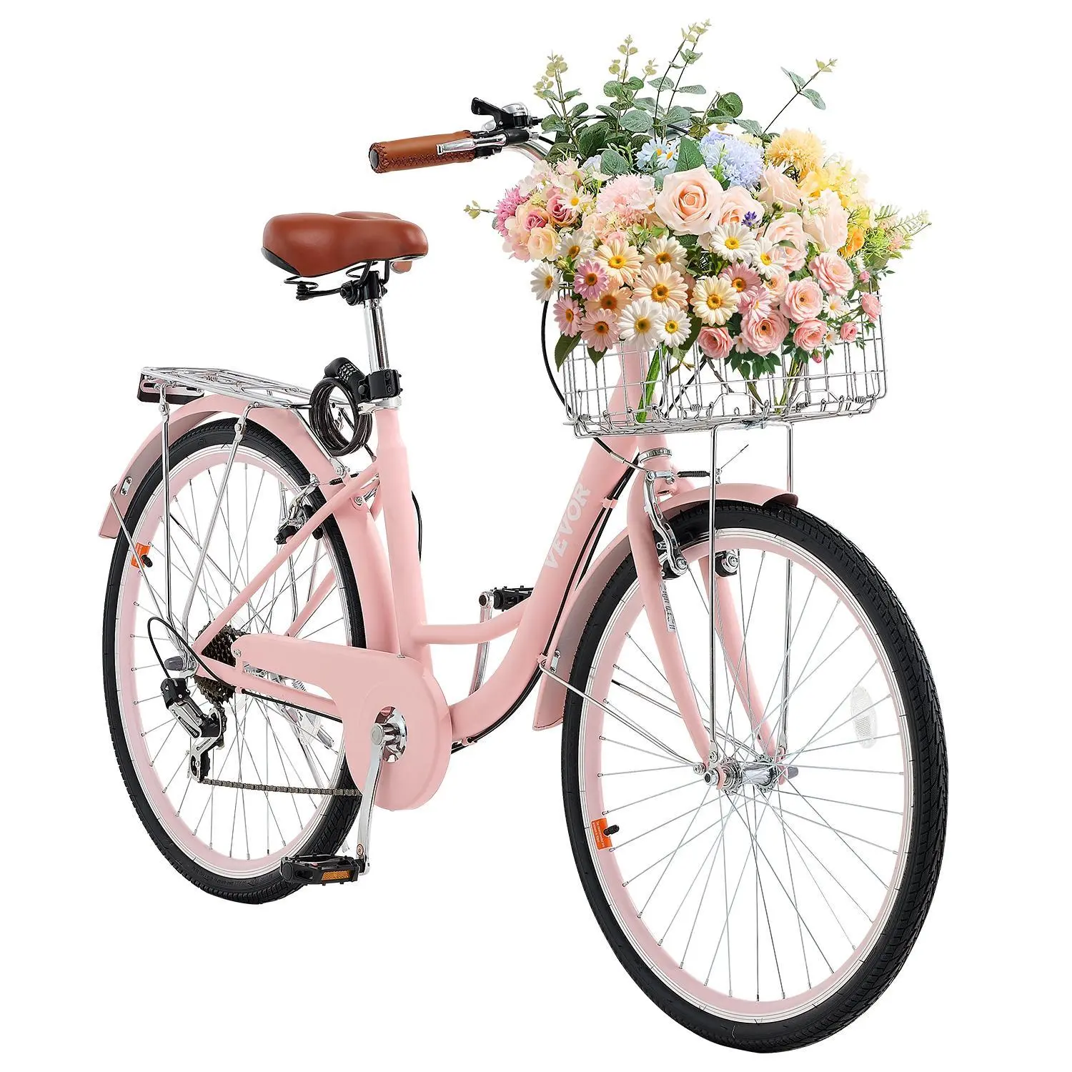 【Backtoschool】VEVOR 26-Inch Unisex High-Carbon Steel Cruiser Bike, 7-Speed Bikes for Cruising & Casual Cycling, Pink Beach Cruiser with Basket, Sightseeing