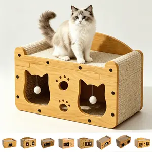 「PawPlanet」3-in-1 Cat Scratcher House Bed for Indoor Cats；Heavy Duty Cat Scratcher Box with Hideout & Toy；Sturdy Cat Scratching Board Bed for Large Cats； Multi-Function Cat House with Scratcher & Ball Toy；Durable Cat Scratcher Bed Furniture Protector
