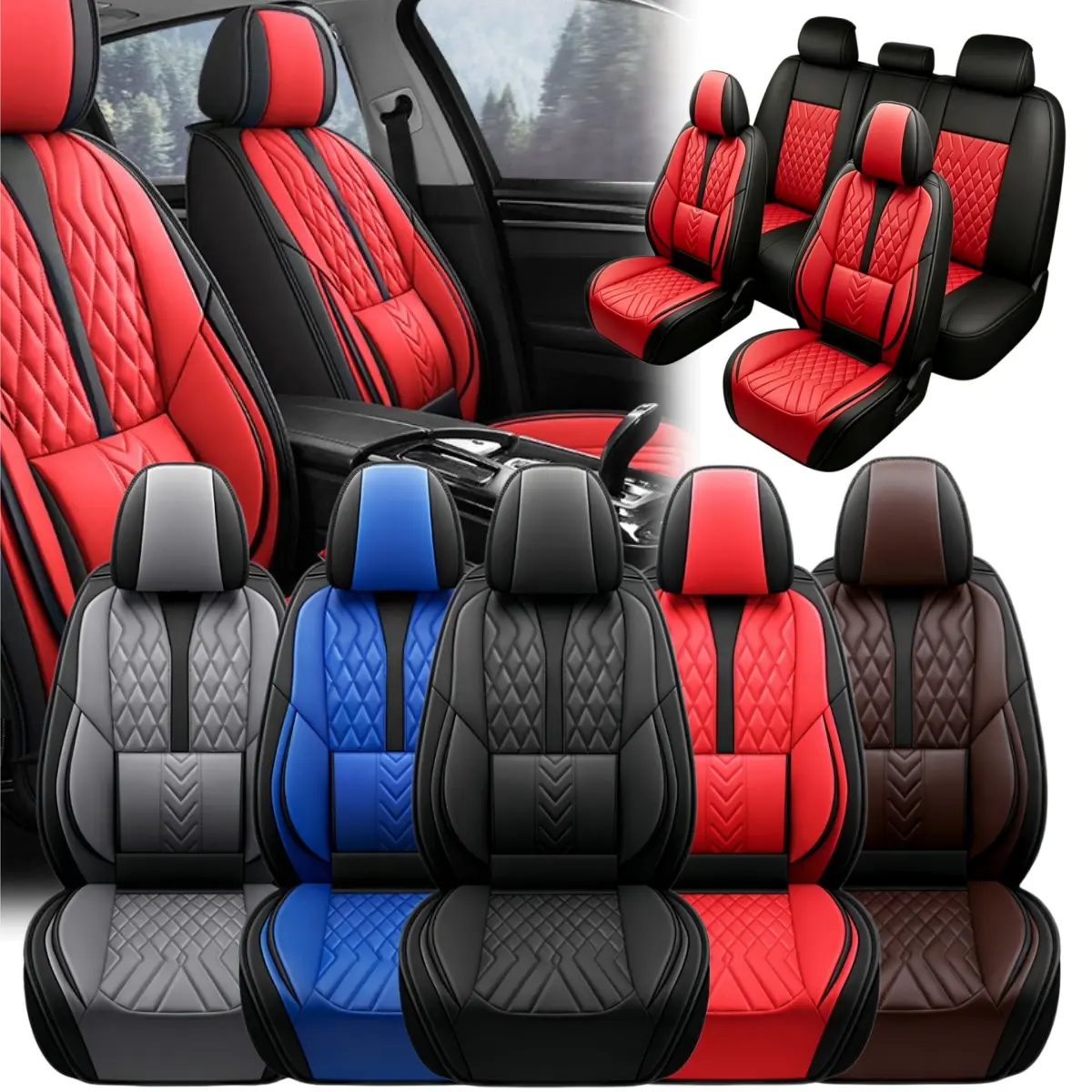 For 2015-2024 Ford F150 SuperCrew F250 F350 F450 Super Duty Crew Cab XL XLT Car 5 Seat Covers Full Set Leather, 40/60 60/40 50/50 40/20/40 Split Rear Benches, Waterproof Car Front Rear Seats Protector Car Seat Cushion Pad Mat Breathable Non-Slip