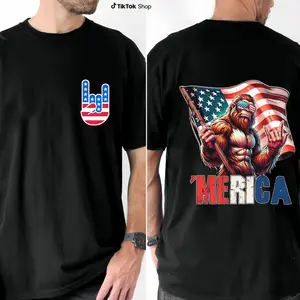 🔥 TikTok Shop Deals| "'Merica" Bigfoot Patriotic Graphic Tee🌲 Funny Sasquatch American Flag Unisex T-Shirt, 100% Breathable Soft Cotton, Perfect 4th of July Outfit & Outdoorsy Gift🇺🇸