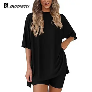 Two-Piece Set For Women Summer Casual Oversized Split Hem Shirts & Side Pocket Biker Shorts Minimalist Lounge Wear Soft Viscose Fabric Comfy Homewear Cozy Pjs