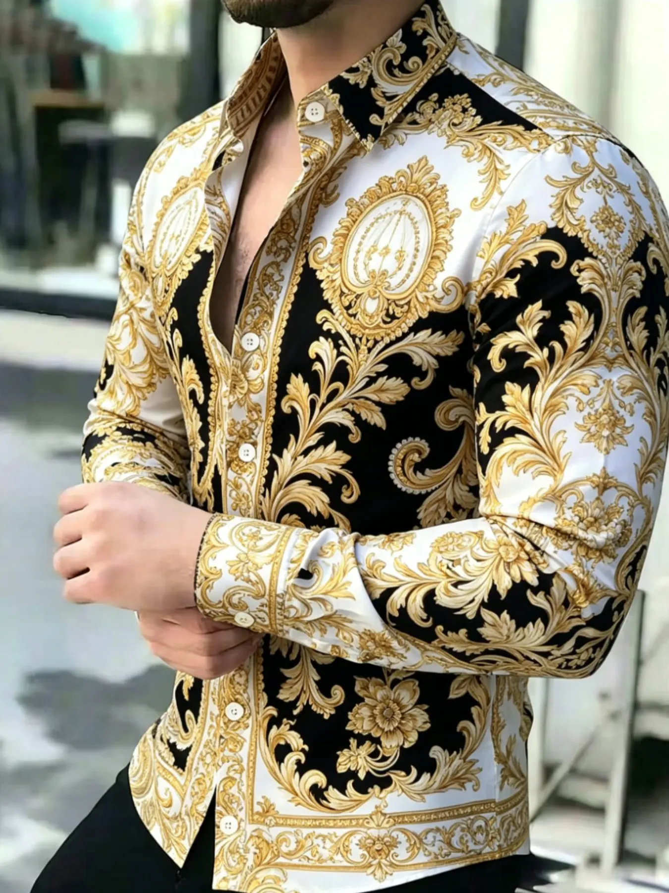 Men's Vintage Baroque Print Long Sleeve Shirt, Casual Button Down Collared Top, Slim-Fitting, Classic Style Shirt for All Seasons, Comfortable and Stylish