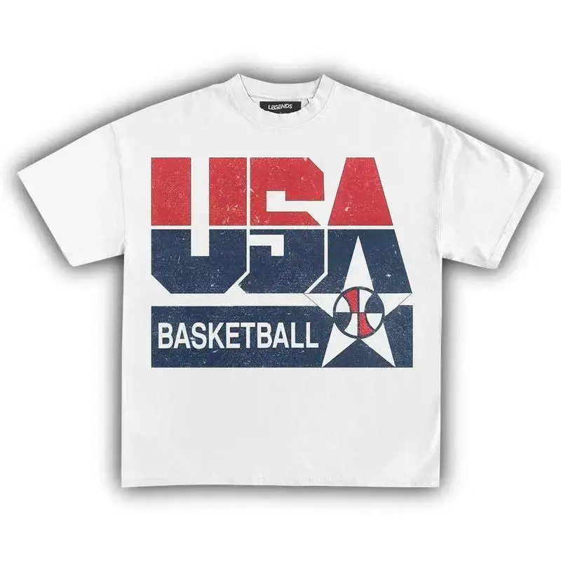 Unisex USA Basketball Vintage Graphic T-Shirt - Plussize Crewneck Short-Sleeve Lightweight Breathable Casual Summer Top, Black Graphic Tees for Men Women, Male Clothing Streetwear Sporty Aesthetic Clothes Products