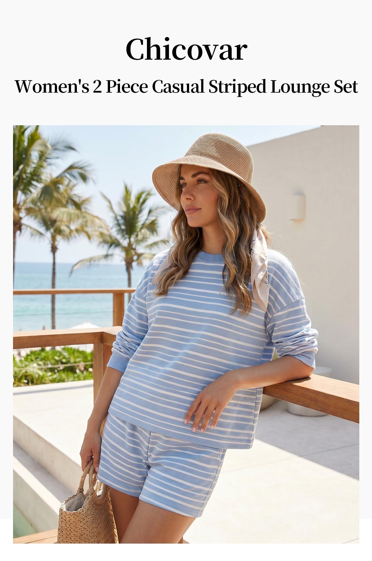 Chicovar Women's Striped Lounge Set, Oversized Long Sleeve Crewneck Top and Shorts Matching Set, Casual Relaxed Fit Two Piece Outfit, Comfy Everyday Loungewear
