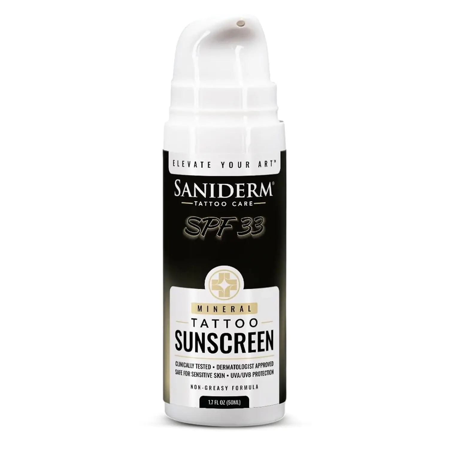 Saniderm - Mineral Tattoo Sunscreen - SPF 33 Non Nano Zinc Oxide UVA UVB Protection Lightweight Fast Absorbing for Healed Ink Daily Skin Care - 50 ml