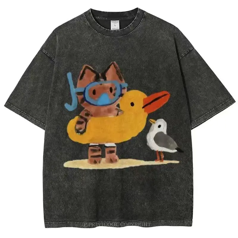 Cat Seagull Print Unisex Vintage Washed Tee Oversized Casual Tshirt Colorful Graphic Tees for Women Men Summer Loose Fit Top
