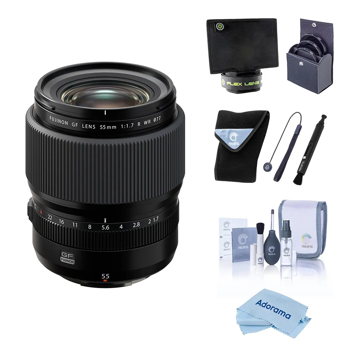 Fujifilm Fujinon GF 55mm f/1.7 R WR Lens, Bundle with 77mm Filter Kit, Lens Wrap, Lens Shade, Cleaning Kit, Lens Cap Tether and Cleaning Cloth