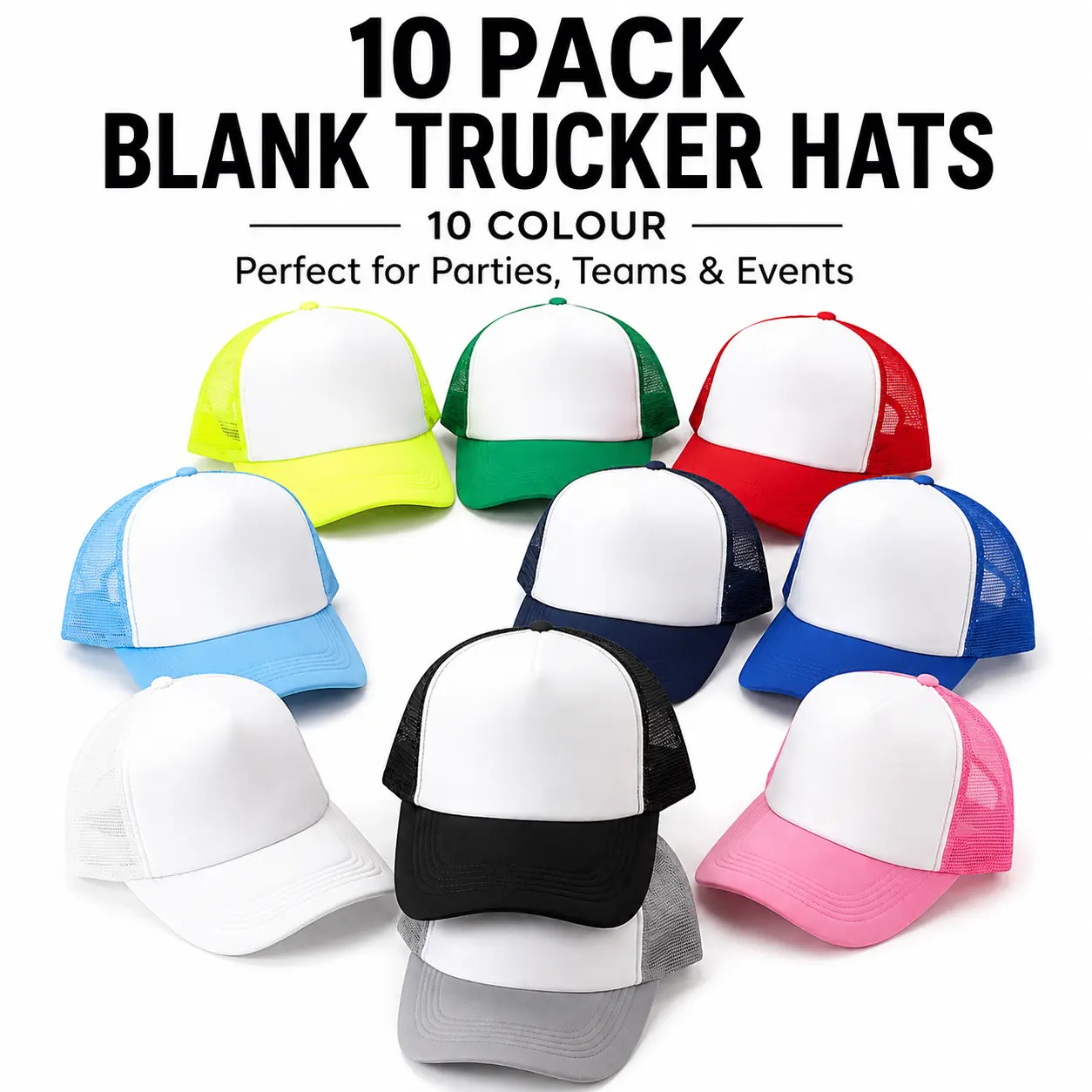 10-Pack Blank Foam Trucker Hats - Adjustable Mesh Snapback, 10-Color Bulk Baseball Caps, Breathable Mesh Netting Hats for Custom DIY, Parties, Breathable Mesh Hats