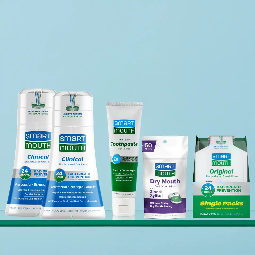 SmartMouth Prescription Strength Bundle – Clinical Zinc Activated Mouthwash (10.82oz 2 Pack) + Toothpaste (6oz) + Dry Mouth Mints (50 Count) & Original Travel Packs (10ct Box) | Anti-Gingivitis & Anti-Plaque Protection