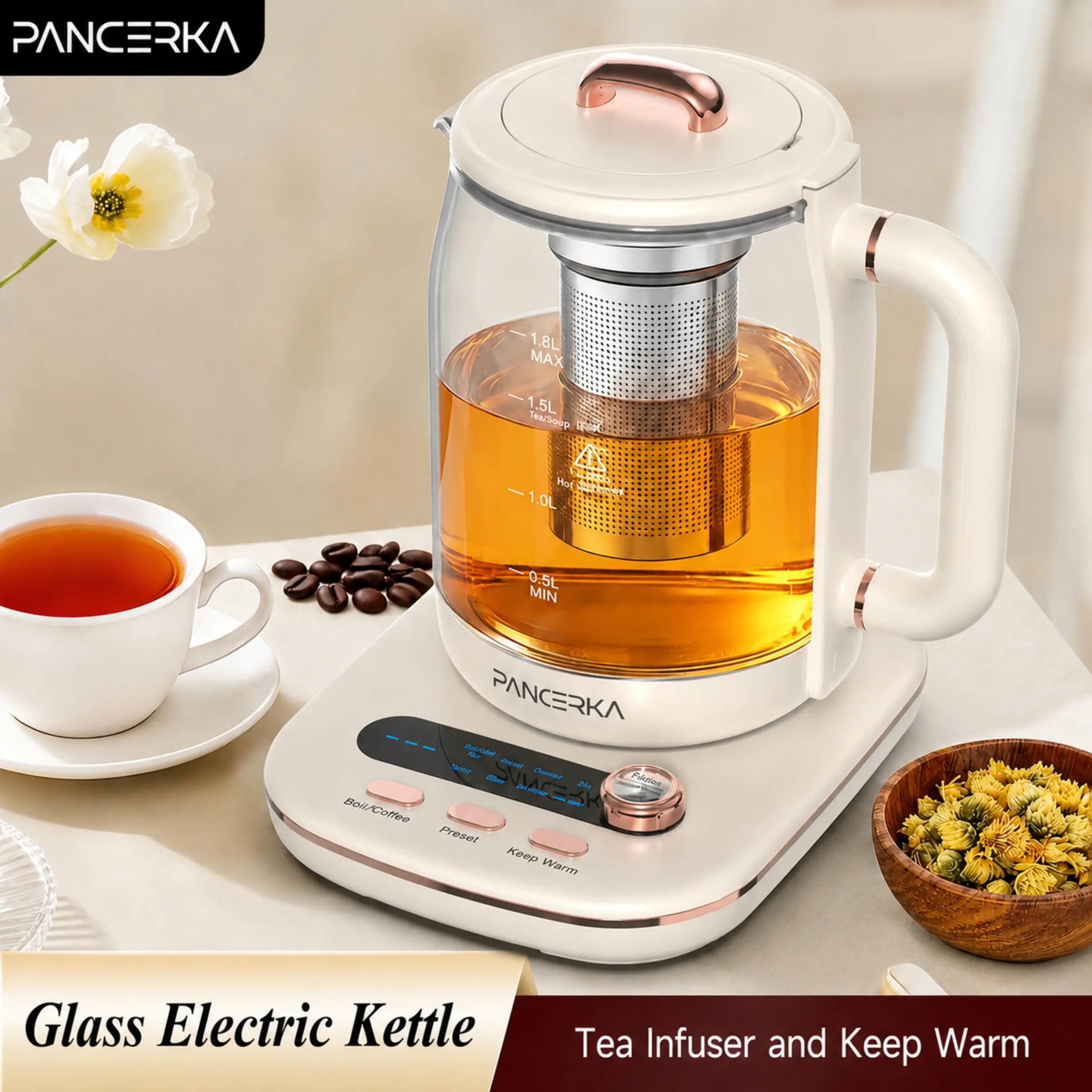 PANCERKA 10-in-1 Glass Electric Kettle with Tea Infuser, 1.8L Electric Tea Kettle, Temperature Control, Keep Warm, Auto Shut-Off & Boil-Dry Protection