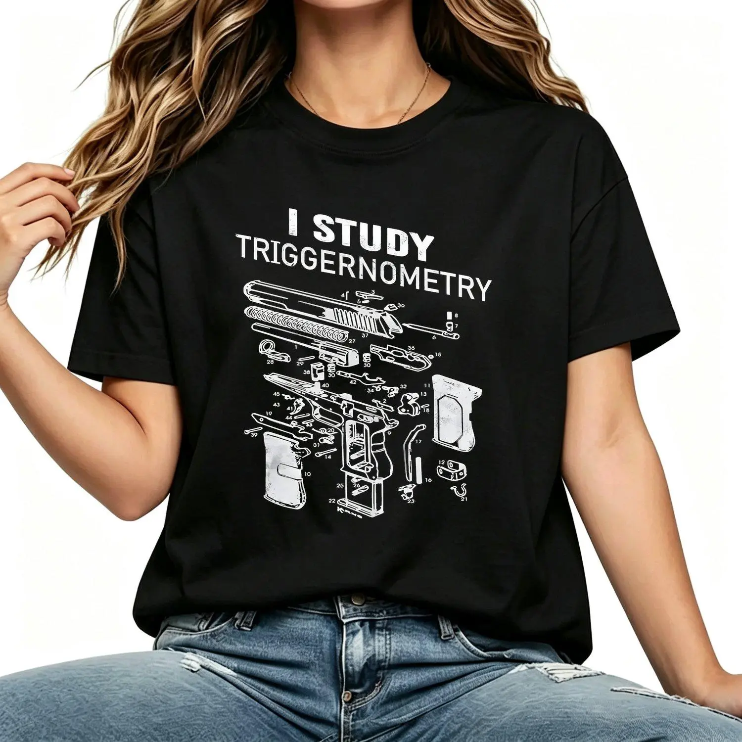 Women's Short-Sleeve Casual Triggernometry Gun T-Shirt, Lady Streetwear Top, Funny Second Amendment Pro Gun Rights Military Humor Tactical Gift Apparel, Shortsleeve, Tshirt