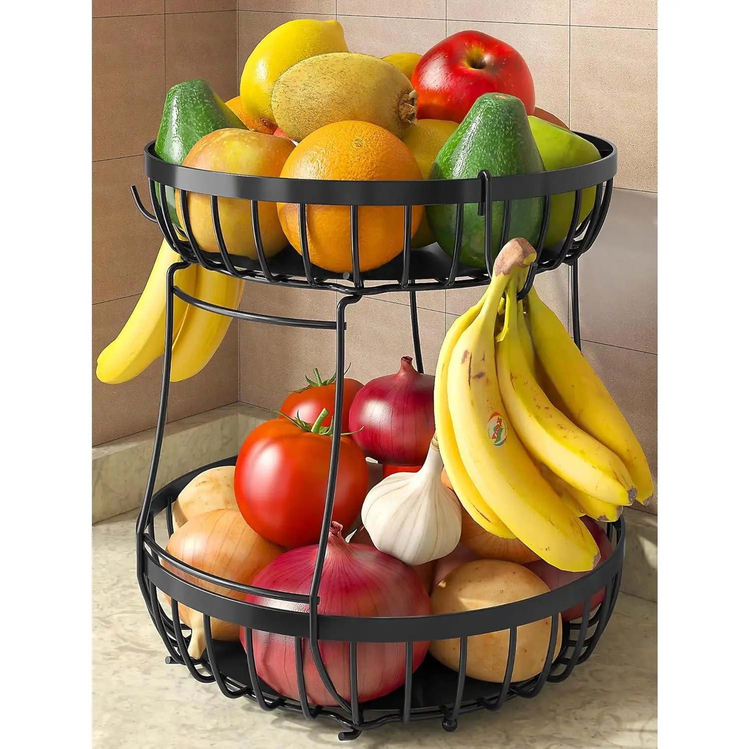 2-Tier Rustproof Metal Round Fruit Basket Organizer, Modern Kitchen Counter Storage with 2 Banana Hangers for Fruits, Vegetables, Black, Ideal Gift, Two Tier