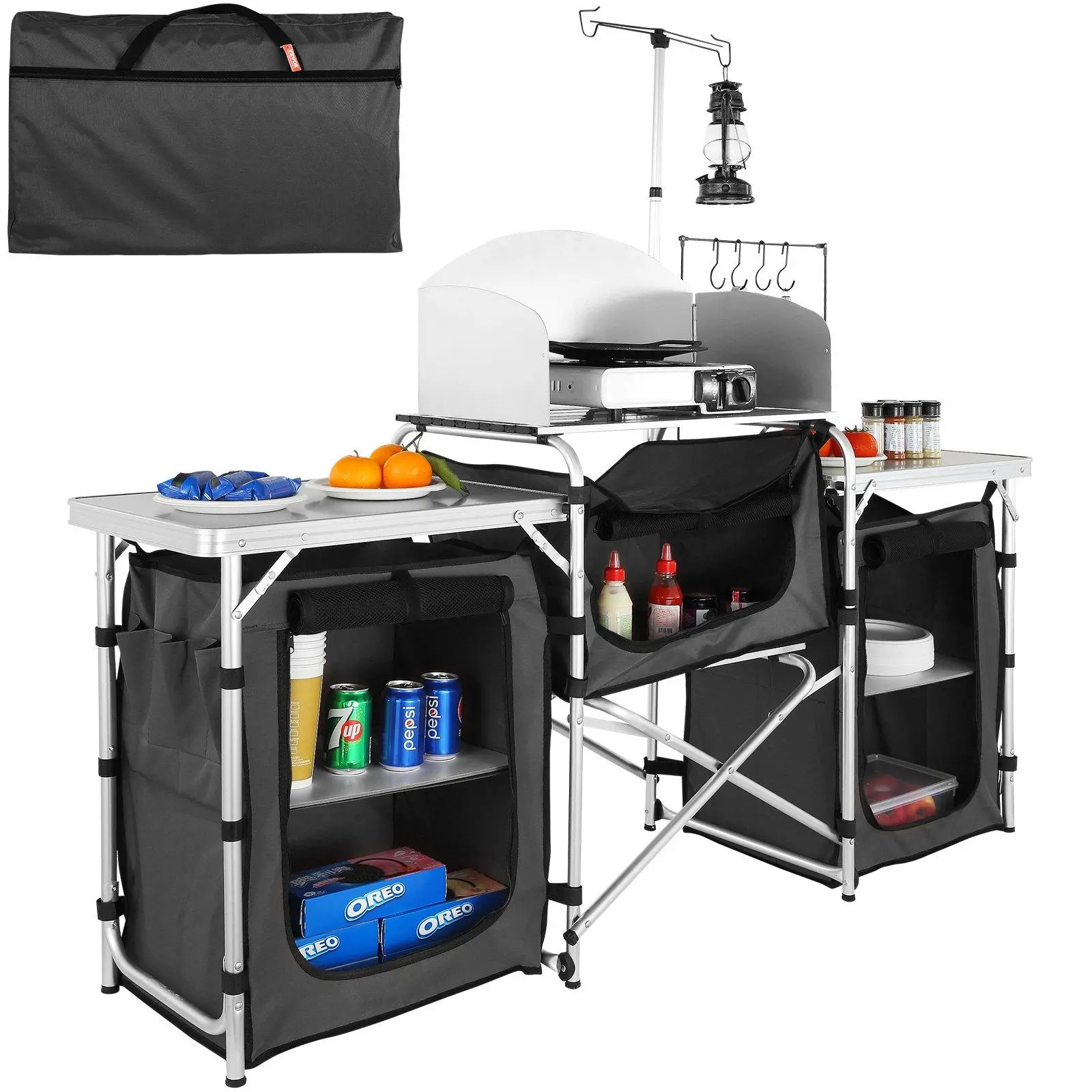 【SummerFinds】VEVOR Aluminum Folding Camping Kitchen Table - 3 Cupboards, Detachable Windscreen, Quick Set-Up, Storage Carrying Bag Included - Outdoor Cook Station for Picnics, BBQ