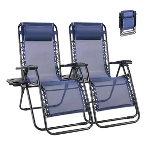 Set of 2 Portable Folding Recliner Chairs, Indoor & Beach/Camping, Outdoor Folding Lounge Chair with Adjustable Pillow, Cup Holder Trays & Trunk