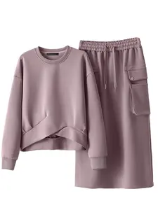 Two-piece Set Women's Crew Neck Long Sleeve Pullover Sweatshirt & Drawstring Skirt, Loose-fitting Thick Fabric, Casual Stylish Clothing Set  for Fall Winter