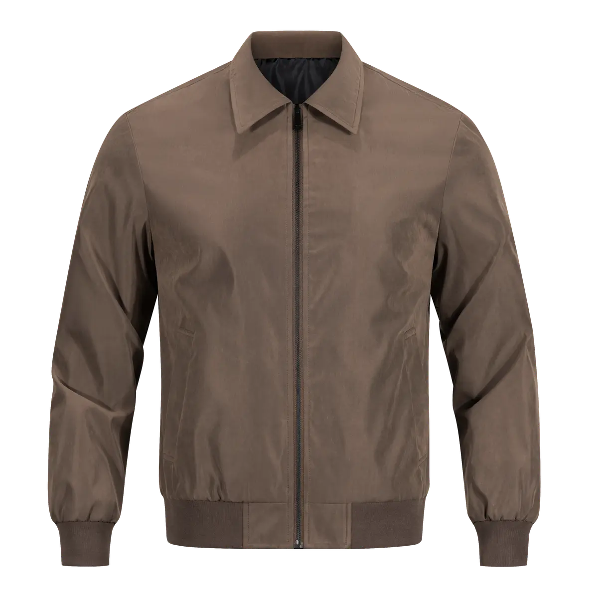 Men Lapel Collar Bomber Jacket, Solid Brown Full Zip Lightweight Harrington Coat with Ribbed Hem & Cuffs, Business Casual Daily Windproof Outerwear