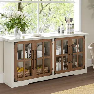 AMERLIFE 63" Buffet Sideboard Cabinet with Storage, Modern Farmhouse Cabinet with 4 Glass Doors & Adjustable Shelf, Wood Buffet Table Cabinet
