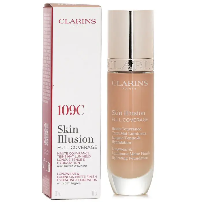 Clarins Skin Illusion Full Coverage Cosmetic Foundation, Organic, Moisturizing with Hyaluronic Acid, Daily Use - #109C, 30ml/1oz