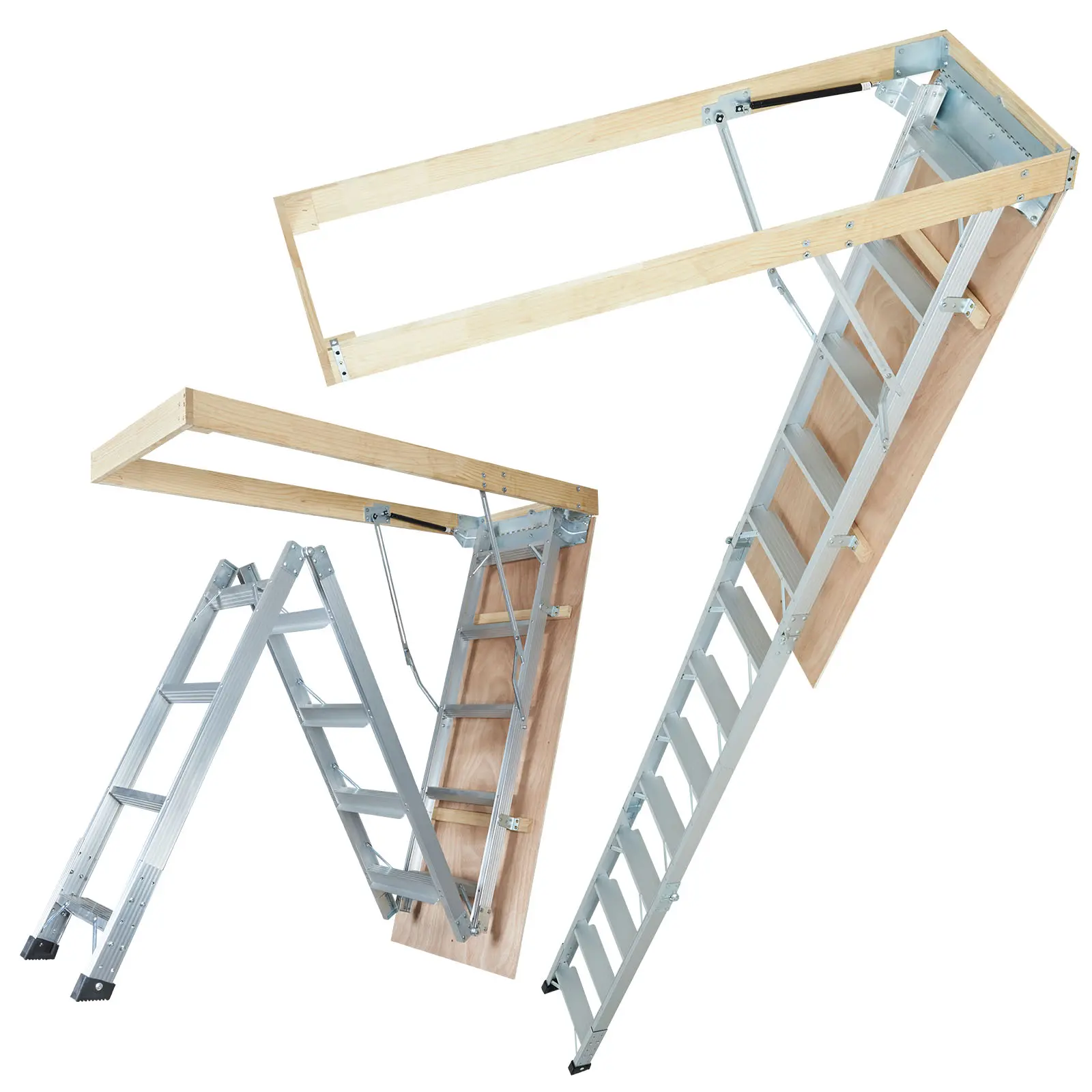 Aluminum Collapsible Attic Ladder, 350-lb Capacity, 22.5"x63" Multi-Purpose Extension, Lightweight Portable, Fits 9.5'-12' Ceiling Heights for Convenient Standard Attic Access, Aluminum Collapsible Ladder